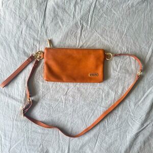 Itzy Ritzy Crossbody Bag Convertible Tan Leather Gold Zipper Pouch Sun Clutch